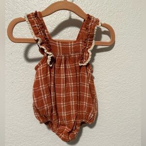Rylee + Cru Rust Plaid Ruffle Strap Romper with Cream Trim